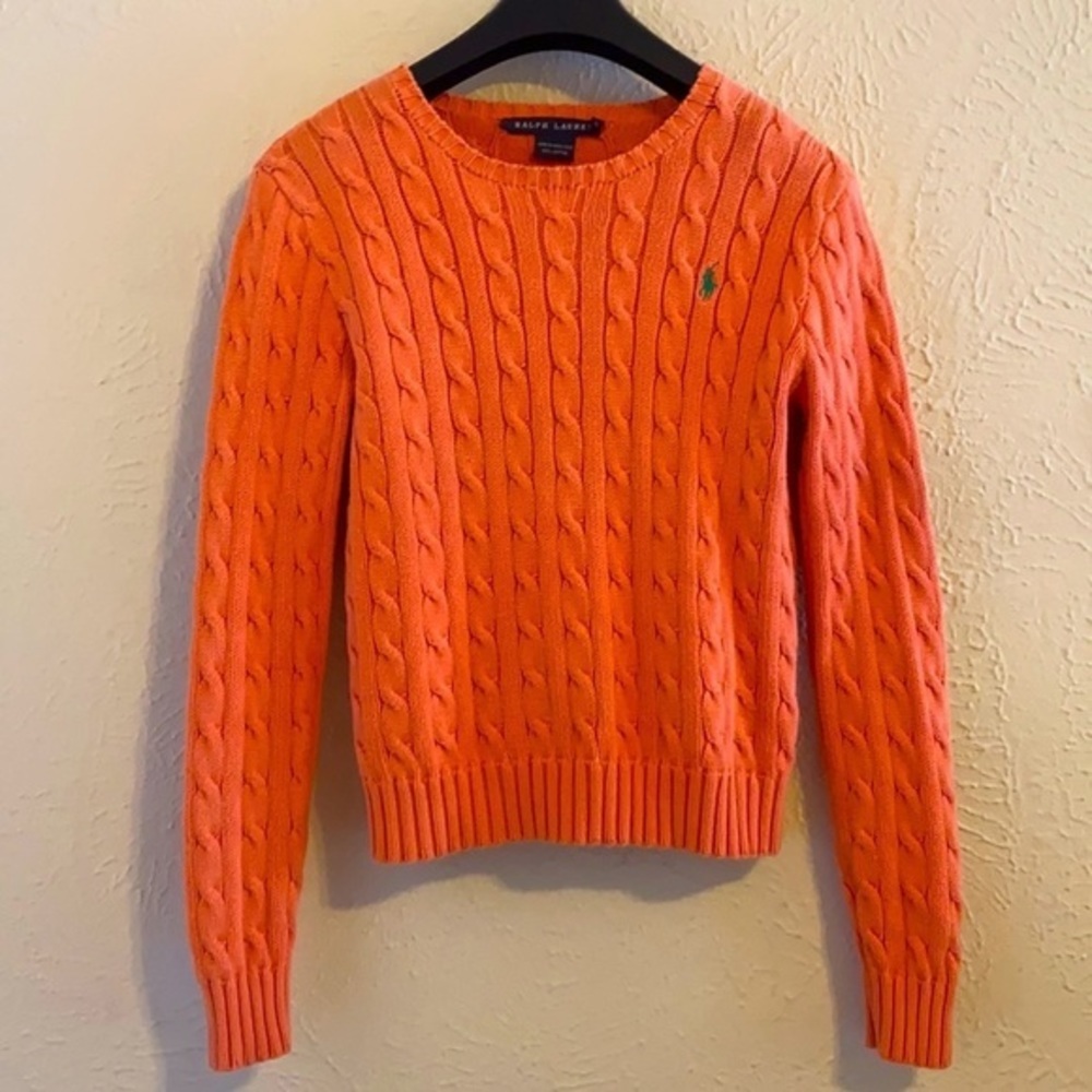 VINTAGE Ralph Lauren POLO Sweater Cotton Orange Cable Knit